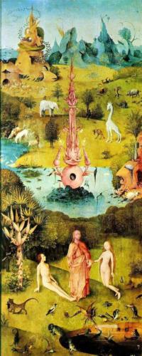 14-Paradise and te Creation of Eve (left panel) of the Garden of Earthly Delights by Hieronymus Bosch, c. 1503. Oil on Oak Panel, 220x 195 cm. Madrid Museo Nacional del Prado