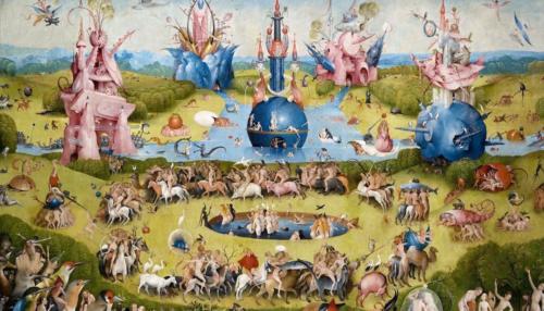 15-The Garden of the Earthly Delights (part.Humankind before the Flood) by Hieronymus Bosch, 1503. Oil on oak panels, 205.5 cm × 384.9 cm. Museo del prado Madrid, Spain