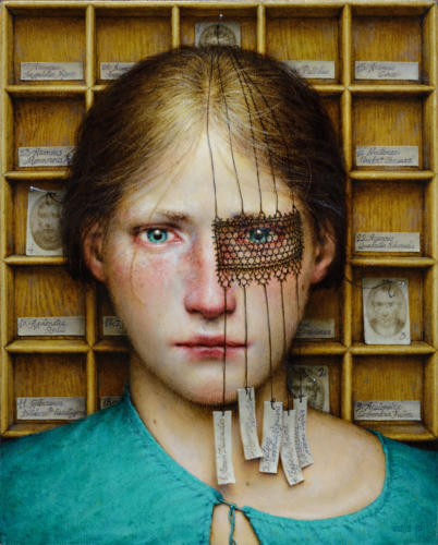 Araneidae by Dino Valls, 2016. Oil on wood. 25x20cm