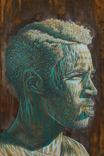 Antonio by Alfred Conteh. Acrylic, Caharcoal, Epoxy Resin and Atomized Steel Dust on Paper. 26 x 40