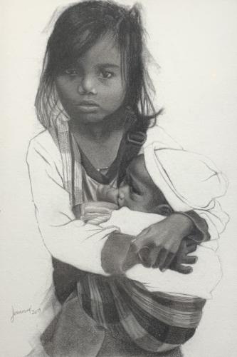 Big Sister by Teresa Uribe. Charcoal on Paper. 18 x 24