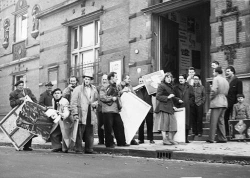 Cobra artists bringing their work to the “International Exhibition of Experimental Artists,” Stedelijk, Amsterdam, 1949