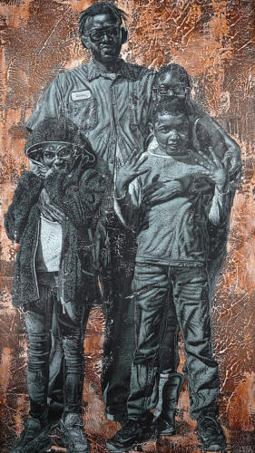 Damien and his kids by Alfred Conteh, Two Front Serie. Acrylic and Soil on Canvas.