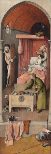 Death and Miser, right wing from the Triptyc The Wedding at Cana with Exempla by Hieronymus Bosch, 1500:1510. Oil on oak panel. National Gallery of Art, Washington, D.C., US