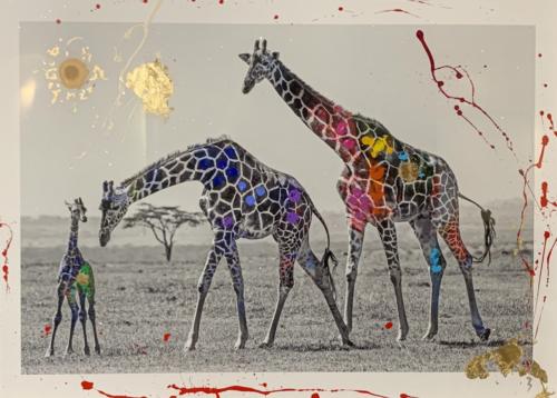 Giraffe Family by Arno Elias. Hand painted Gold leaf and diamond dust. 28 x 21