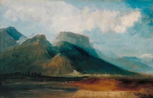 Grenoble from the River Drac with Mont Blanc in the Distance by J.M.C. Turner ca. 1802. Oil on canvas, 14 1:4 x 25 1:4. Tate, 2019