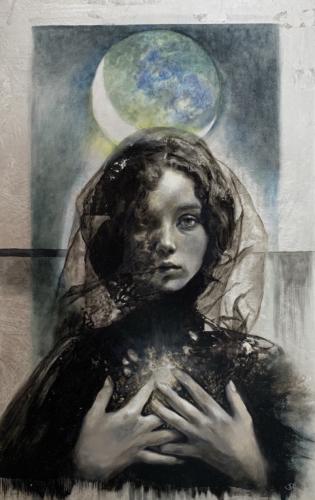 Hasmodai (Spirit of the Moon) by Sonia Hidalgo. Oil and. Silver Leaf on Wood. 15 x 24