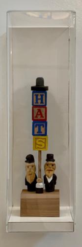 Hat Sign by Steve Marcus, 2018. Spanish Cedar, Milk Pait, Tung Oil, Torah Ink and Mixed Media.