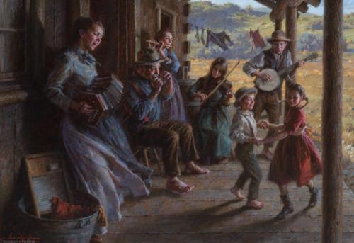 He Family Porch Band by Morgan Weistling. Oil on canvas, 24x34