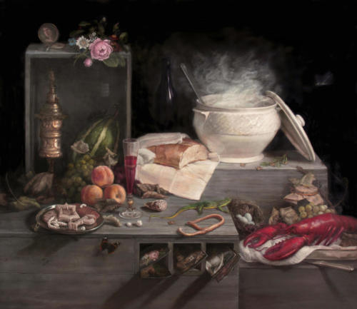 Homage Composition Anne Vallayer Coster, Clara Peeters and Rachel Ruysch, 2018. Oil on Canvas 46x 41”