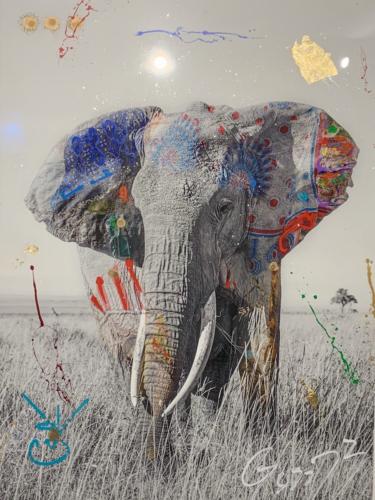 Jumbo 7 by Arno Elias. Hand painted Gold leaf and diamond dust. 48 x 72