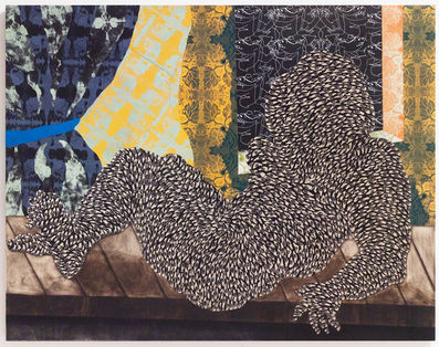 Ki moun ki rele Olympia by Didier William, 2018. Wood carving, collage, ink, acrylic on panel. 64x90.