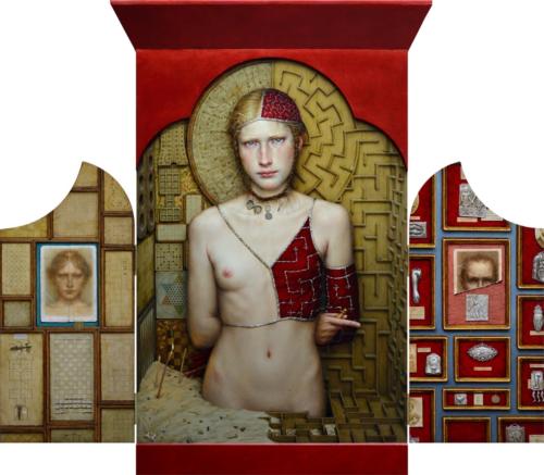 Labor Intus by Dino Valls, 2014. Oil and gold leaf on wood. Triptych, 105x120 cm