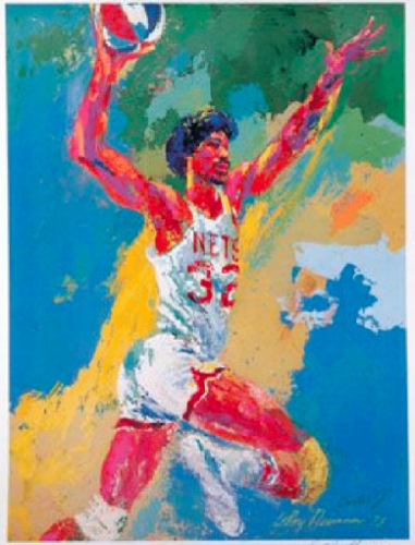 LeRoy Neiman, Dr. J, 1975. Marker on Printed Score Sheet. 8 1⁄2 X 11