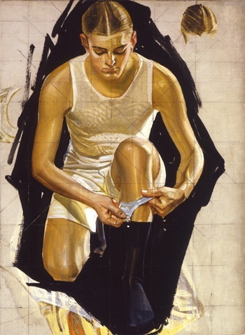 Man adjusting Socks study by J.C. Leyedecker, 1920.