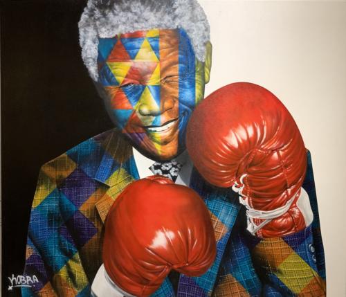 Mandela, 2019. Spray paint & airbrush on canvas. 77 x 89