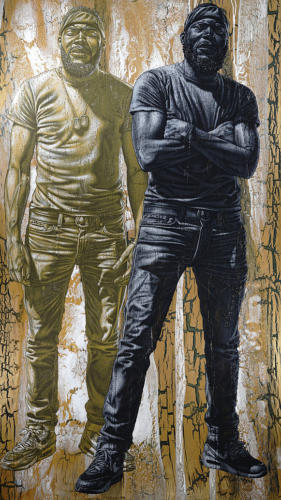 Pat and Lil' Pat. by Alfred Conteh, Two Front Serie. Acrylic and Atomized Brass Dust on Canvas. 84 x 47.5