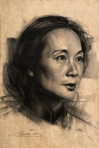 Portrait of Jian Li by Charles Miano. Charcoal on paper, 15x21 cm