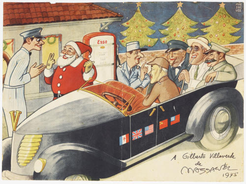 Print, Santa and Allied Leaders at gas station, 1945. Offset lithograph.The Wolfsonian–FIU, Promised Gift of Vicki Gold Levi.