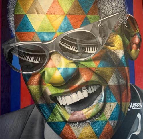 Ray Charles, 2019 (from Sao PAulo, Brazil, 2015). Spray paint & airbrush on canvas. 78 x 77