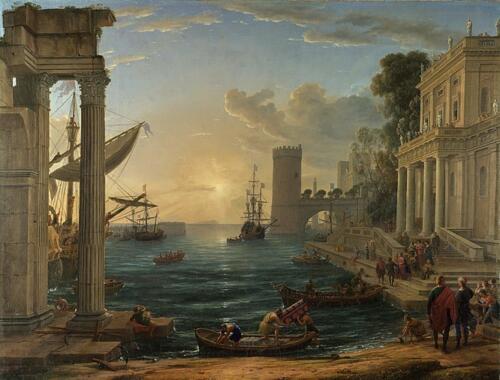 Seaport with the Embarkation of the Queen of Sheba by Claude Lorrain, 1648. Oilon canvas, 149.1x196.7 cm. National Gallery, London.