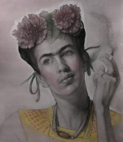 Self-Portrait Homage To Frida Kahlo. Pencil and Pastel. 16x12