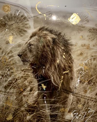 Simba Gold by Arno Elias. Hand painted Gold leaf and diamond dust. 61 x 76