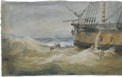 Small Boats beside a Man-o’-War by J.M.Turner, 1796-1797. Gouache and watercolor on paper, 13 7:8x 24 1:4. Tate 2019