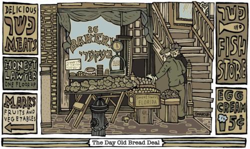 The Day Old Bread Deal by Steve Marcus, 2017. Pen and Ink Giclée, Print on Nyodo Kozo. 18x36.
