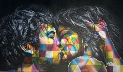 The Kiss, 2019. Spray paint & airbrush on canvas. 61 x 100