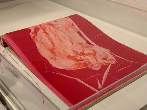 The fleentigness of the color red by Jeanette Stargala, 2017. 35 monoprints on Bristol, Manila Hemp, Glassine, Assagami and Tengucho paper.