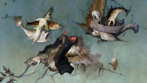 detail on the left side of the Triptych of The Temptation of St.Anthony by Hieronymus Bosch, 1502. Oil on panel 131x228 cm. Museo Nacional de Arte Antiga, Lisbona, Portugal